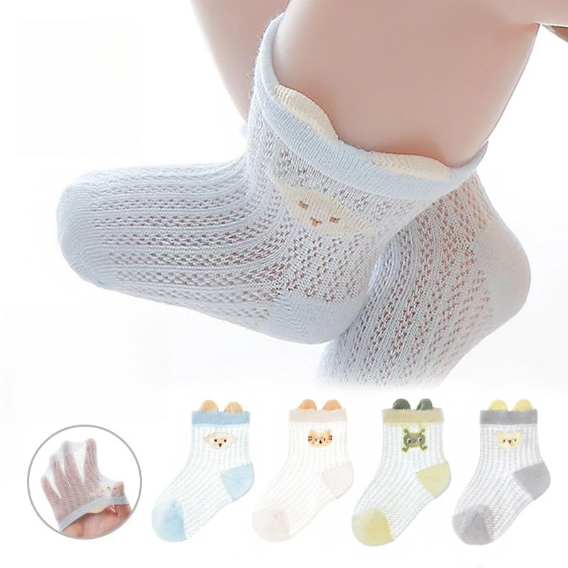 

2025 Summer Thin Mesh Breathable Mid-Calf Socks for Babies in Candy Colors with Cartoon Designs