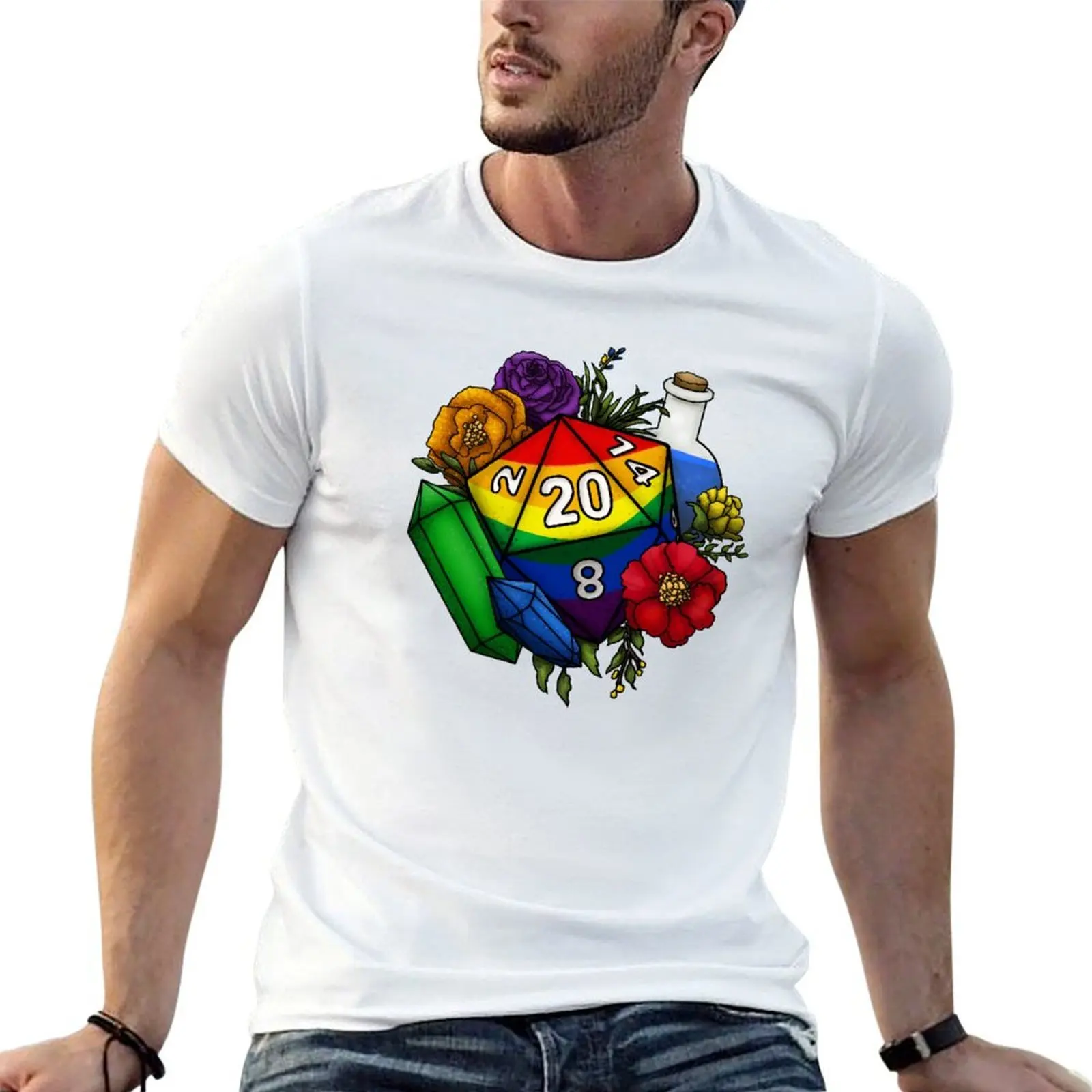 

Pride Rainbow D20 Tabletop RPG Gaming Dice T-Shirt cotton t shirts high quality t shirt men 100% cotton luxury brand T-Shirt
