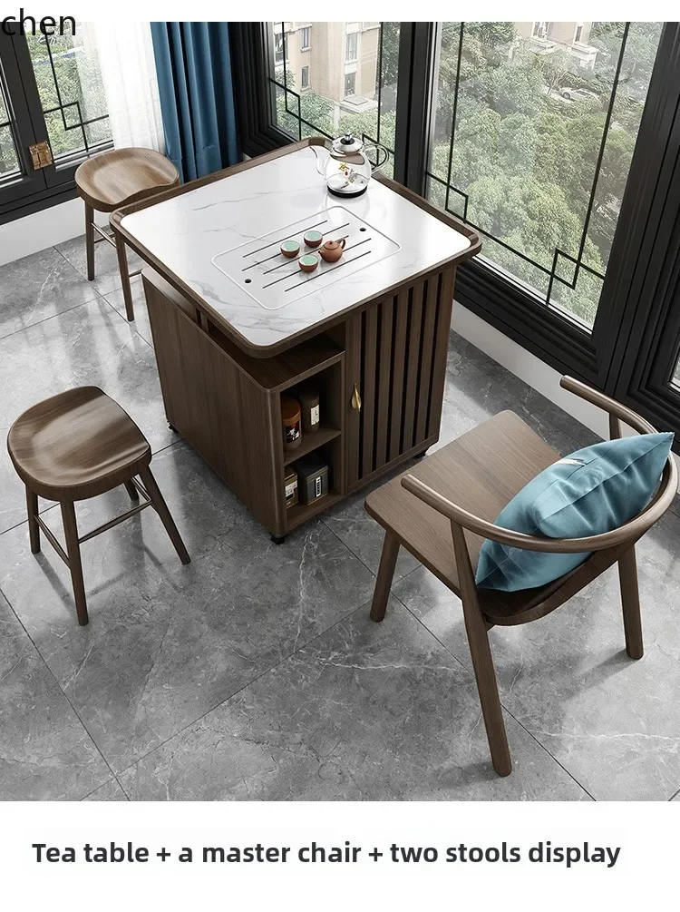 TQH-c13  Balcony Tea Table and Chair Set with Wheels, Stone Board and Solid Wood, Suitable for Small Homes, Zen Style Tea Cart