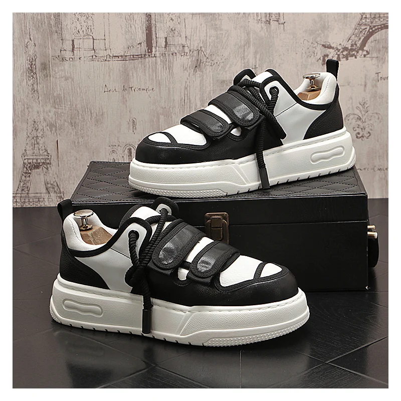 men's fashion punk hip hop dress platform shoes black white genuine leather shoe flats platform sneakers young stylish footwear