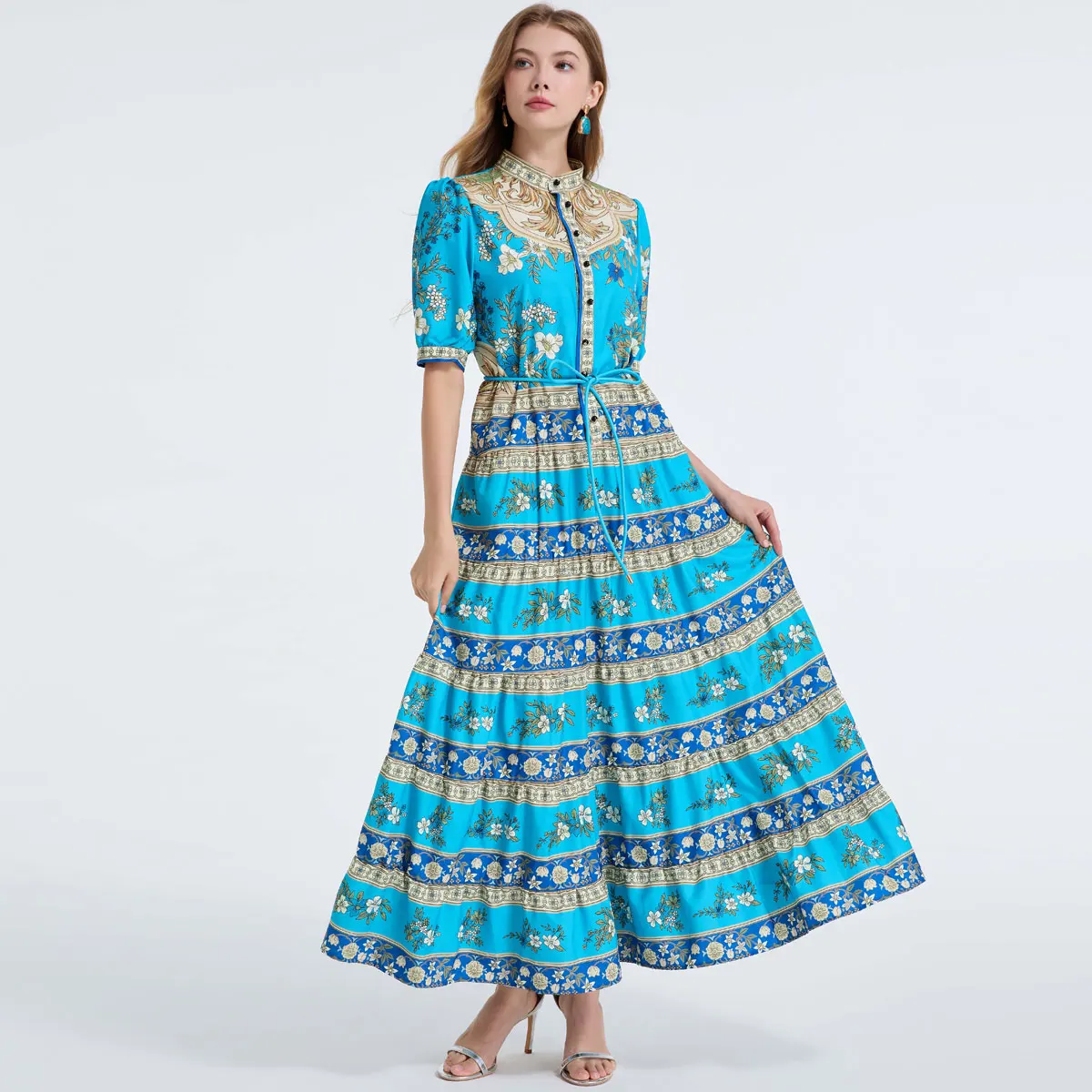 Ele impresso gola bolha sve dr com lindos botões 6 camadas overskirt e cinto outono 2025 nova chegada