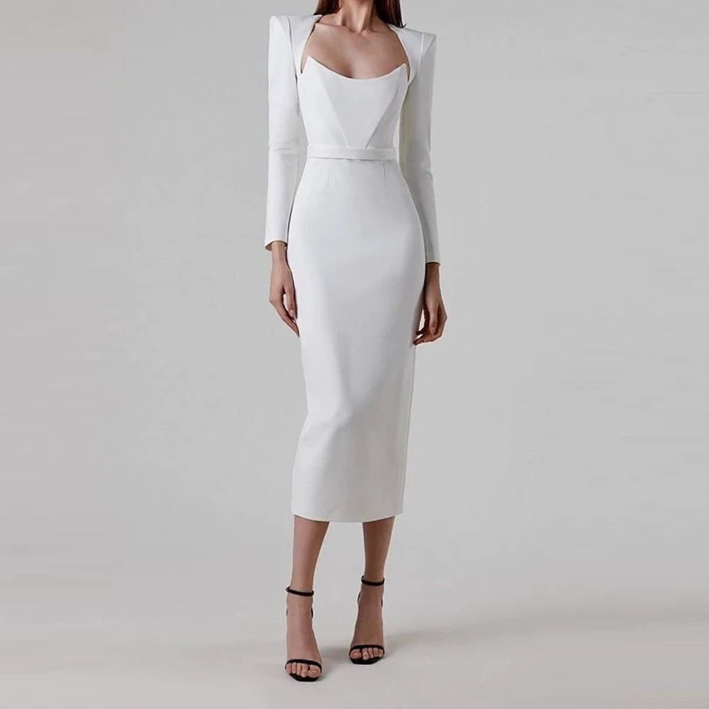 Dames herfst en winter temperament Hepburn-stijl jurk vierkante hals hoorn schouder bandagejurk met lange mouwen-GZXX1080