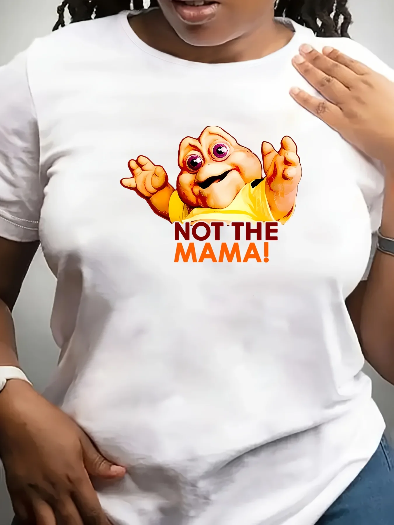

Plus - Size Women's White Short - Sleeve T - shirt, Dinosaurs “NOT THE MAMA!” Print, TV - Inspired & Funny