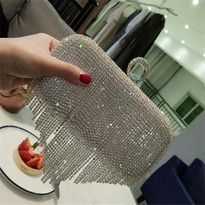 Rhinestone Wedding Purse Women\'s Evening Clutch Bag Luxury Design Women Handbag Silver Small Tassel pouch Chain Shoulder Bag 이브닝