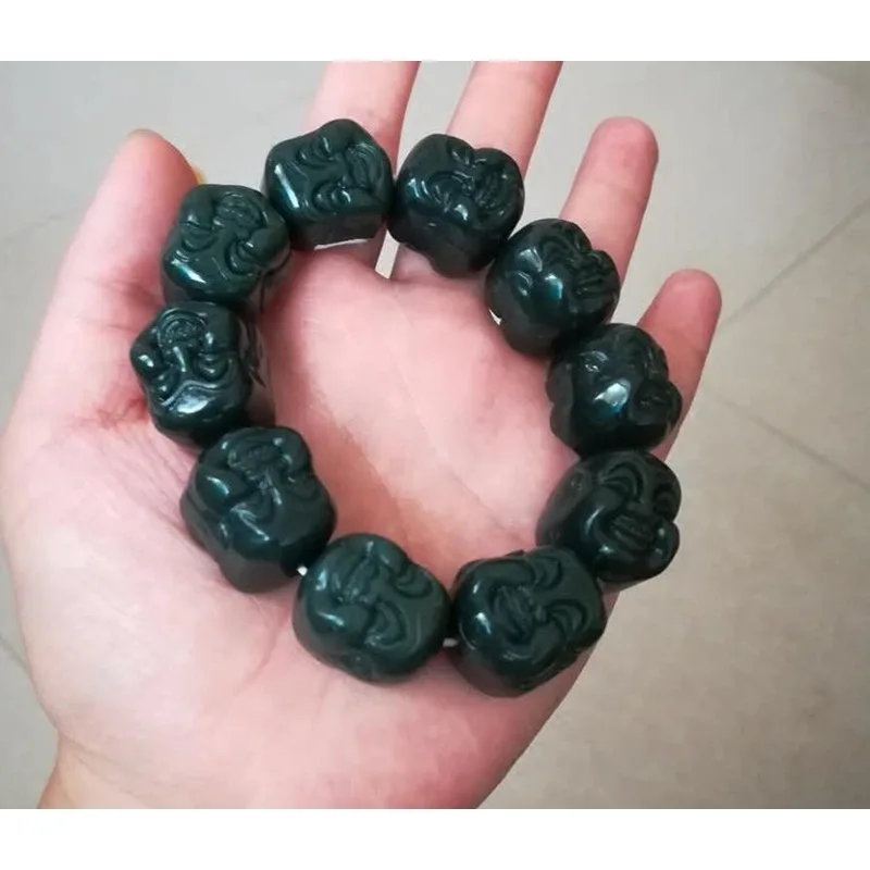 Qingnian Products Xinjiang Hotan Green Jade Buddha Head, Men's Bracelet with Double-Sided Laughing Buddh