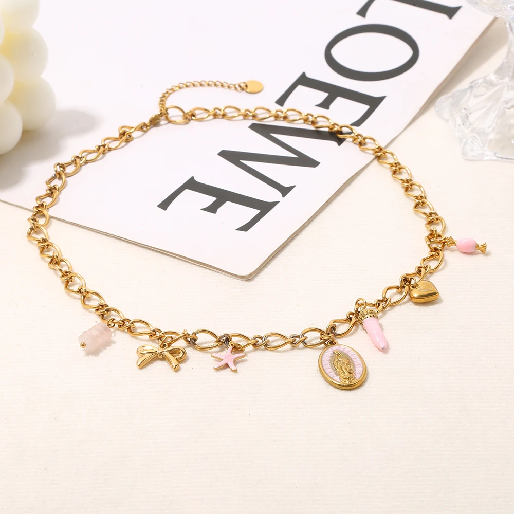 AURORA Y2K-Stil Jungfrau Maria Anhänger-Halsketten für Damen, Choker-Halskette, modische rosa Kollektion, Edelstahl-Schmuck – Detail 3