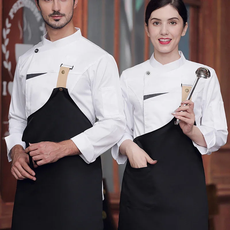 Uniforme de chef com avental, jaqueta de chef de manga comprida de alta qualidade, hotel, restaurante ocidental, padeiro, uniformes de chef, comida, catering, casaco de trabalho