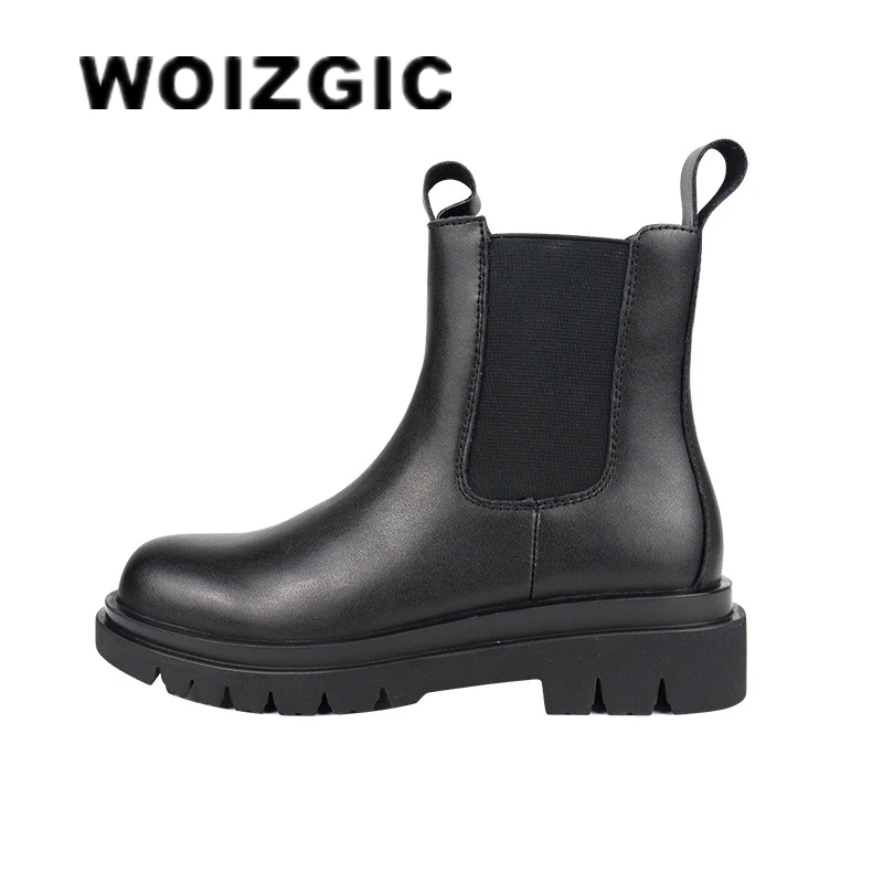 WOIZGIC Women Female Genuine Leather Ankle Mid Calf Shoes Boots Platform Winter Fur Plush Chunky Autumn Designer Thick Heel