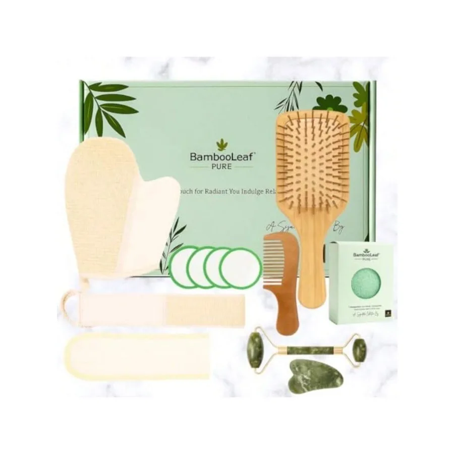 QY- Self Care Natural Unique Organic Spa Set For Women Friendly Gift Box With Bamboo Comb Jade Roller Facial Sponge Makeup Remo