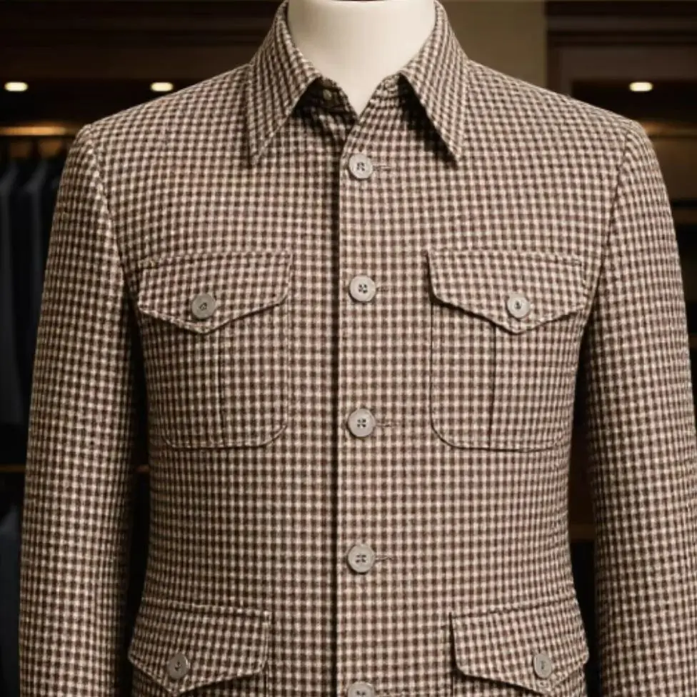 Men Brown Houndstooth Check Casual Blazer Jacket Button Up Collared Coat with Multi Pockets Meeting Cocktail Customized