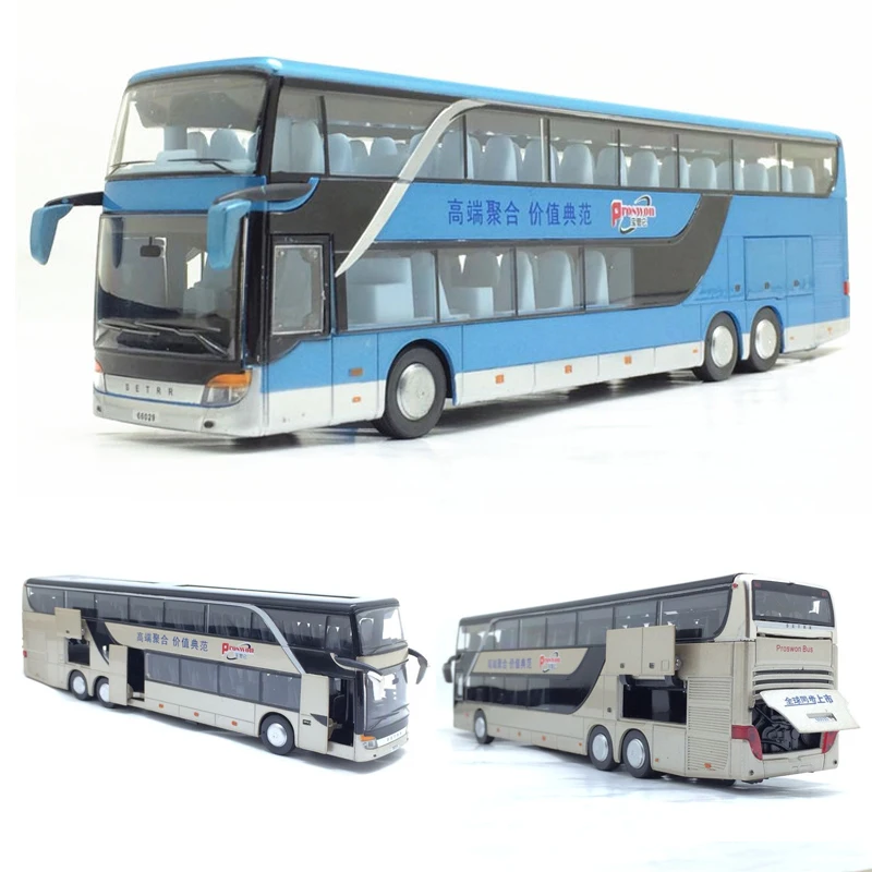 1:32 High Quality Alloy Double Deck Bus Sound Light Metal Diecast Pull Back Simulation Luxury Sightseeing Bus Vehicle Kids Toys