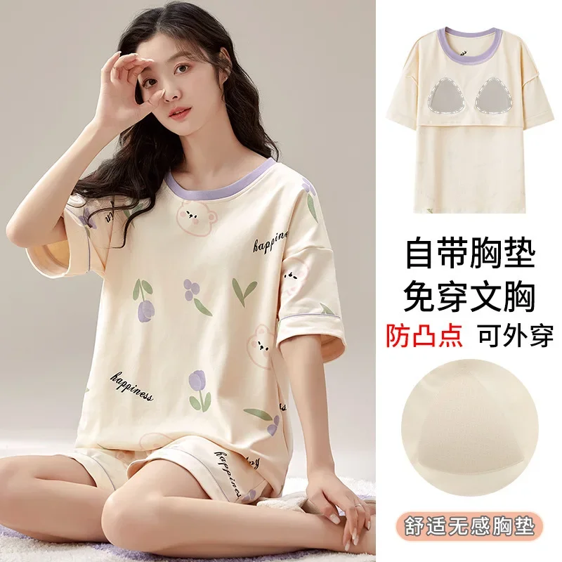 

Summer 100% Cotton Women's Pajamas With Padded Bra Sweet Princess Cartoon Comfortable Short Sleeve Shorts Pajama Sets