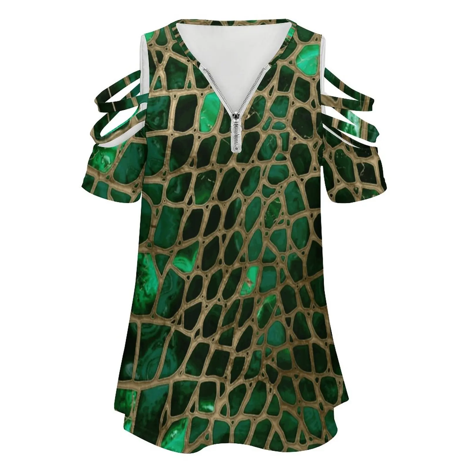 Faux Crocodile Texture Malachite And Gold New Fashion Zip Off Shoulder Top Short-Sleeve Women Shirt Alligator Leather Alligator