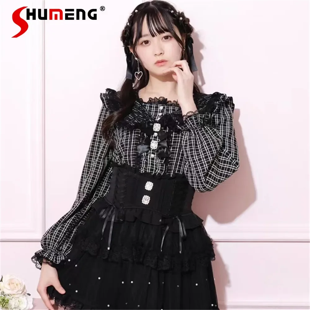 

Spring and Autumn New Japanese Style Mine Sweet Cute Lace Bow Shirt Blouses Womens Loose Long Sleeve Plaid Tops Mujer