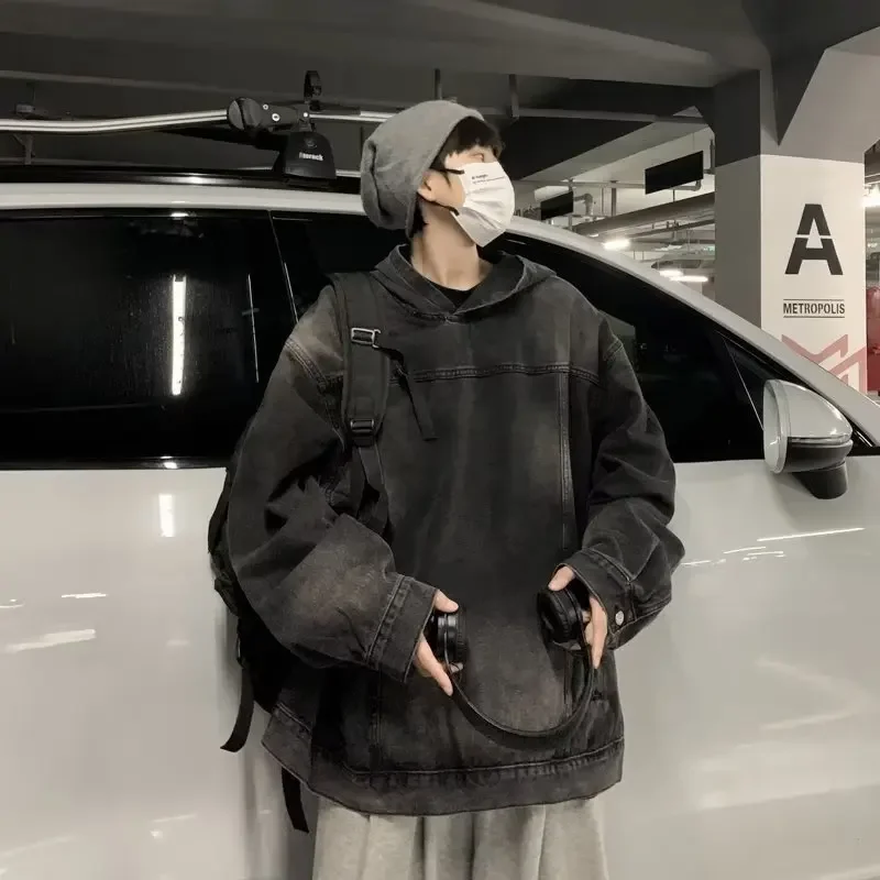 American Vintage Washed Black Denim Hoodie Men's Korean Fashion High Street Oversize Loose Hooded Coat Jacket Y2k Men Clothing