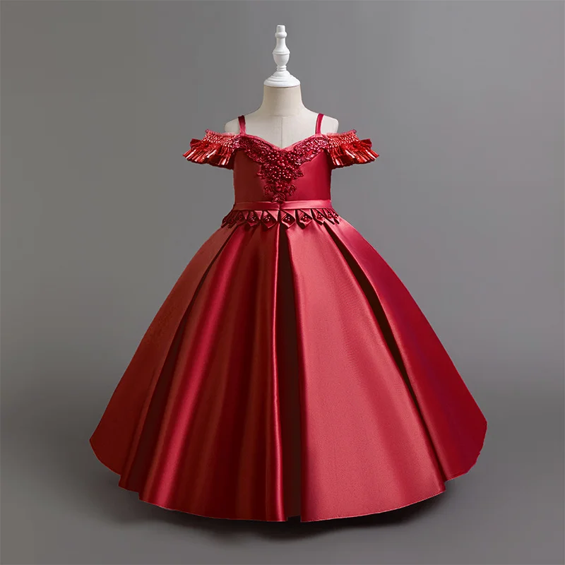 

Elegant Evening Party Dress New Luxury Children's Off-shoulder Satin Beaded Flower Dress For Kids First Communion Birthday Prom