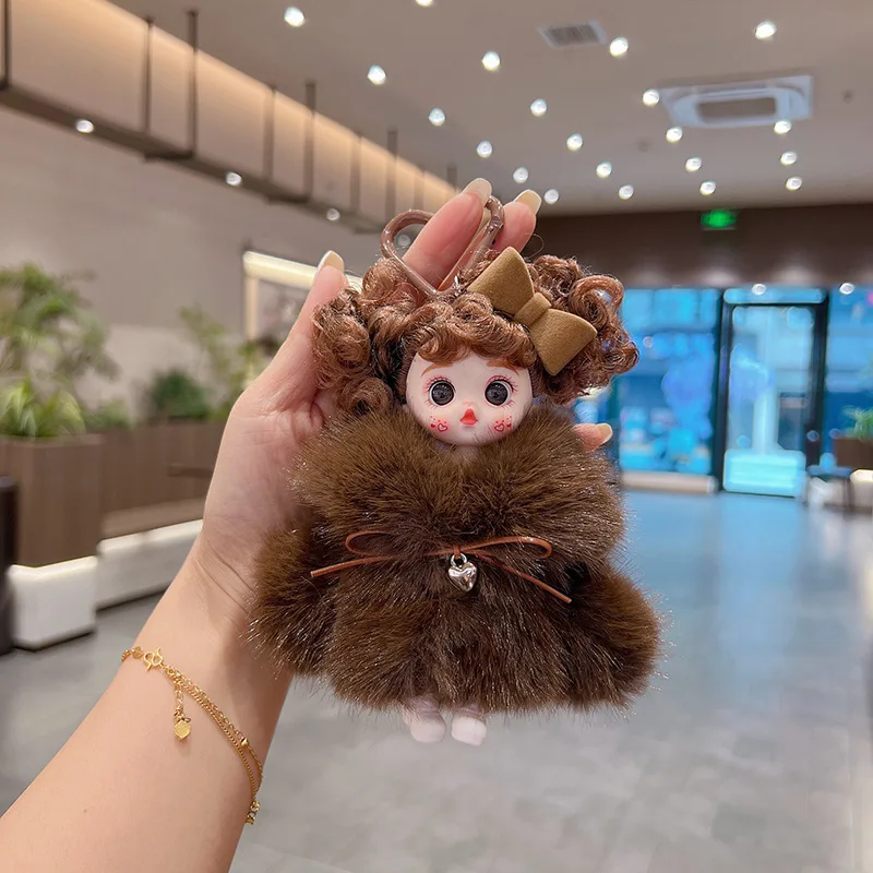 

New Cartoon Wide-eyed Doll Keychain Pendant Cute Bow Fur Jacket Vinyl Doll Bag Decor Fashion Car Keychain Cute Birthday Gifts