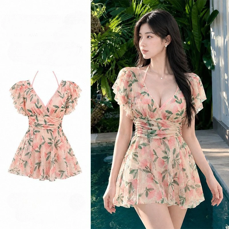 sexy Korean fashion flower print short sleeve ruffles mini dress swimsuits one piece bodysuits bikinis swimwear tankini biquini