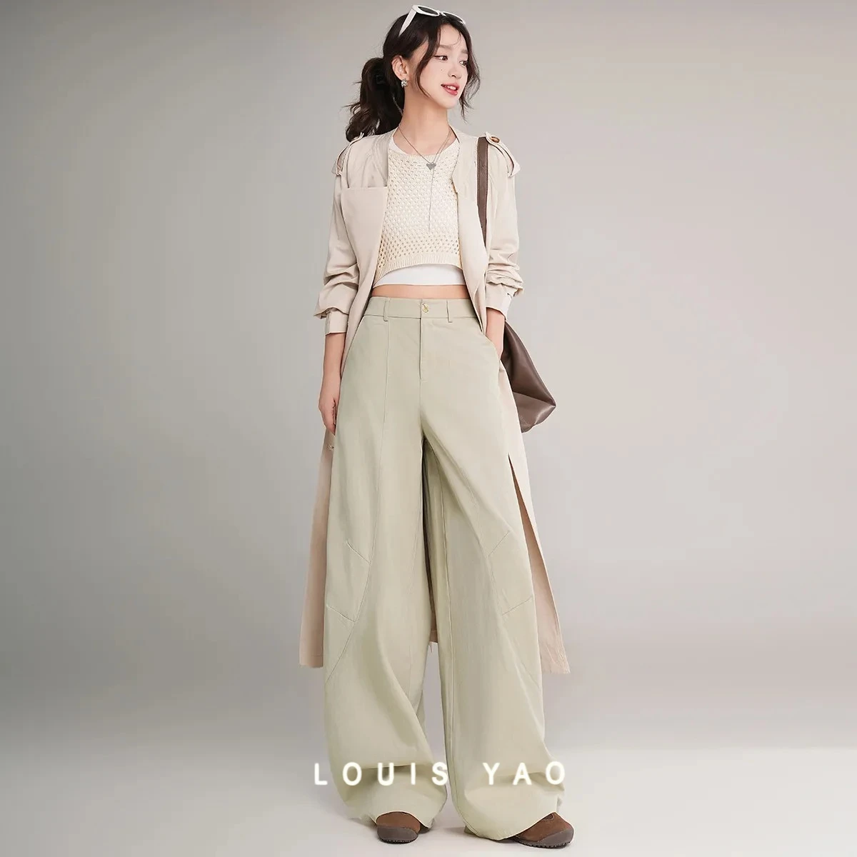 

LOUIS YAO Casual Pants 2025 Autumn Women's Trousers Fashionable Irregular Shape Dividing Line Design Long Straight Leg Pants