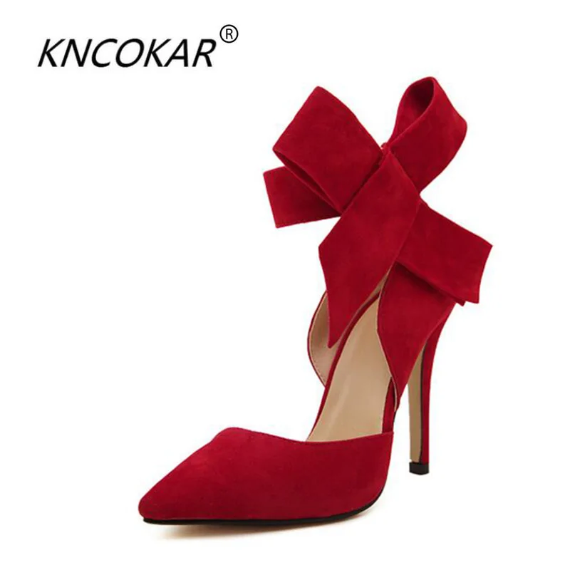 KNCOKAR hot selling Women Big Bowtie Bow Pumps High Heel Woman Sandals Stilettos Wedding Party Dress Shoes Bowknot Detachable