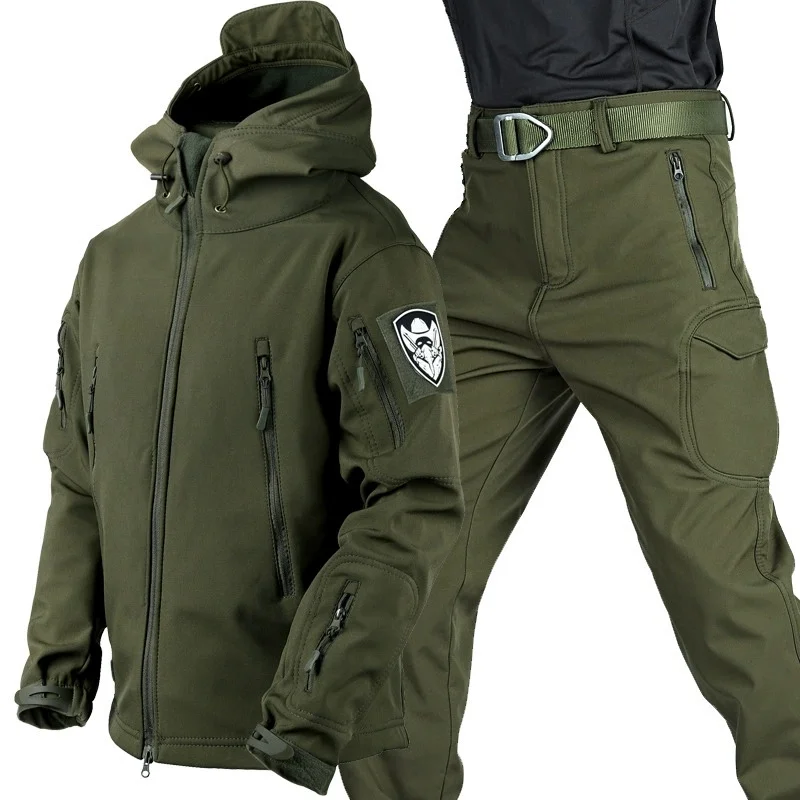 Tactical Softshell Camouflage Jacket Set Men Camping Windbreaker Waterproof Hiking Clothes Set Fleece Outdoors Jacket