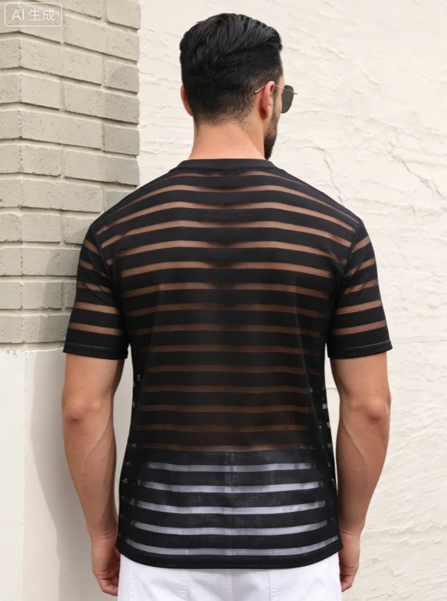 Men's round-neck short-sleeve summer ice silk mesh semi-transparent see-through striped breathable unisex punk street fashion ve
