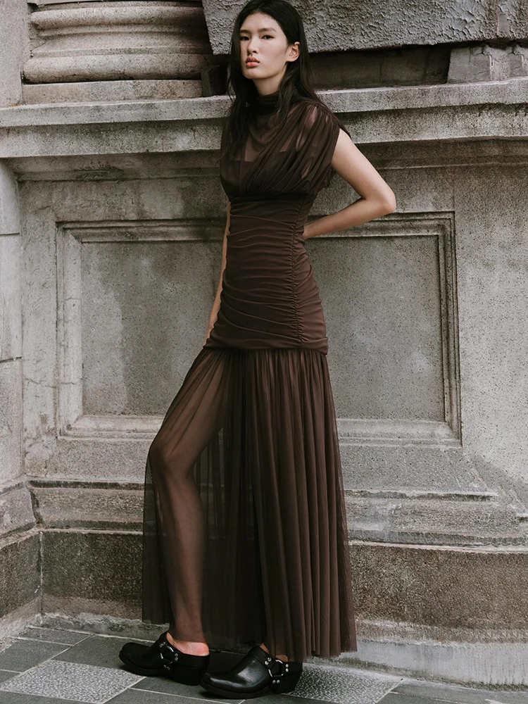 

Oniflyme сетчатое лоскутное элегантное платье макси со рюшами женское сексуальное прозрачное облегающее платье с длинными рукавами женская праздничная одежда тонкие халаты