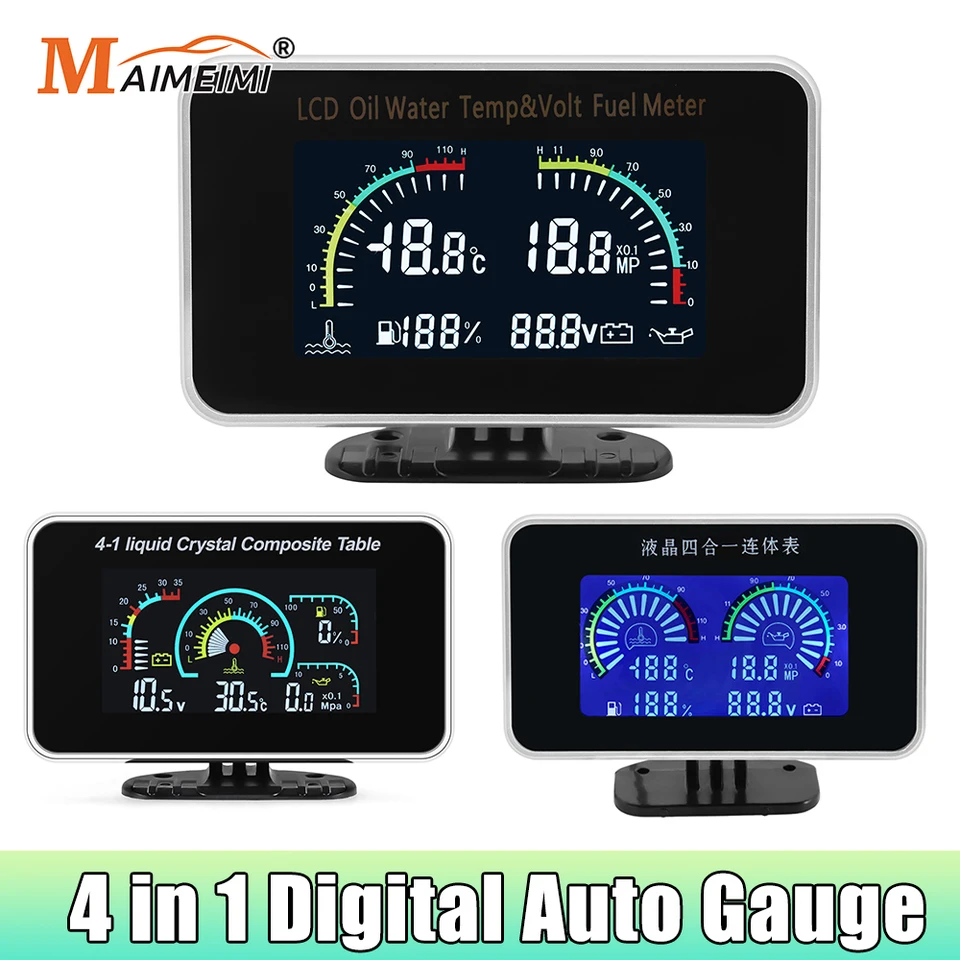 4 in 1 LCD車載デジタルゲージ 水温計+油圧計+燃料計+電圧計 1/8NPT