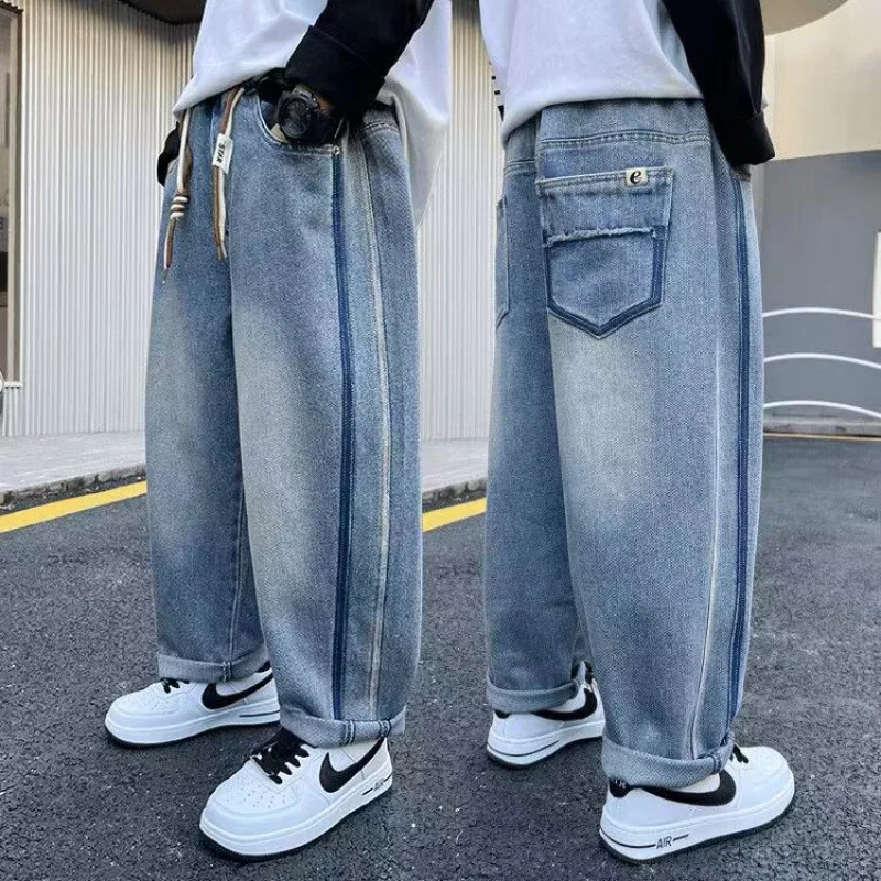 رائجة البيع الأولاد الجينز الفضفاضة مع المشارب الجانبية للطفل الخريف عالية الجودة مخطط الدينيم السراويل الاطفال الهيب هوب الشارع الشهير بنطلون #1