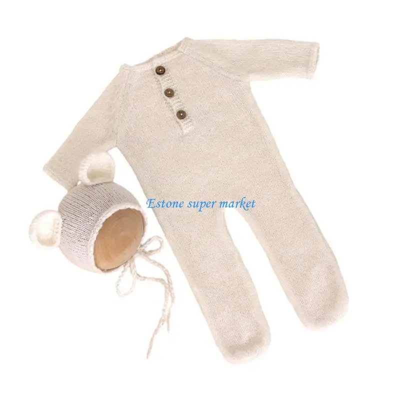 090B Baby Photo Props Costume Bear Ear Hat & Footed Jumpsuit Set Newborn Photo Props Infant Photography Outfit 2PCS