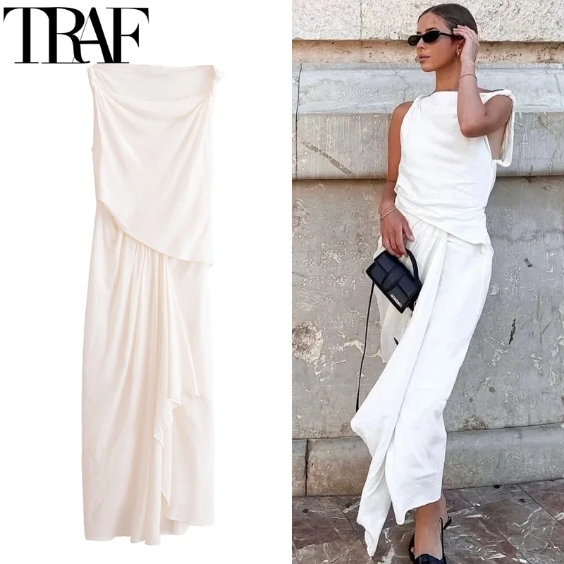 

TRAF 2024 Ruched Long Dress Women Sleeveless Wrap Midi Dress Woman Summer Asymmetric Party Dresses Pleated Elegant Dresses