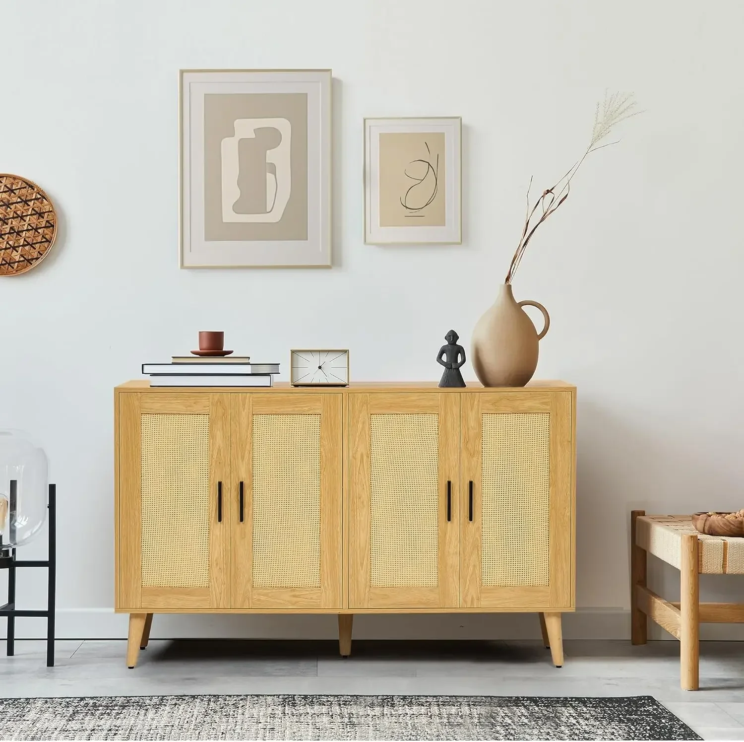 Sideboard Buffet Cabinet with Double Doors and Adjustable Shelves, Boho Floor Storage Cabinet, Accent Cabinet, Natural