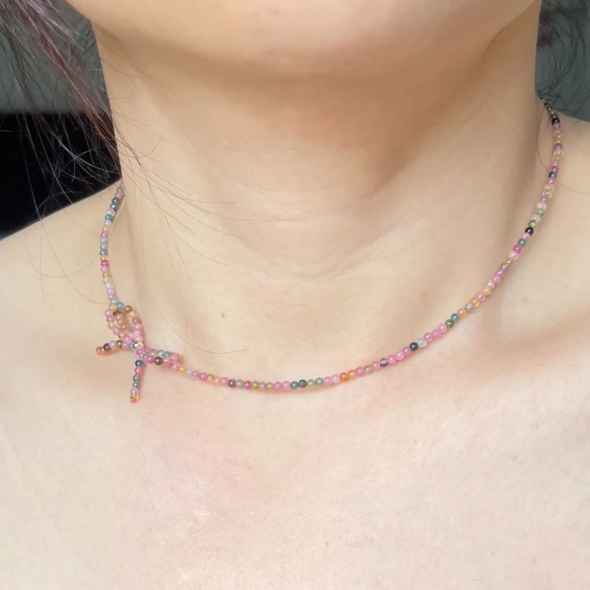 

Natural Tourmaline Butterfly Clavicle Chain 2mm Small Round Beads Color Original Rainbow Pretty Girl Colorful Necklace Jewelry