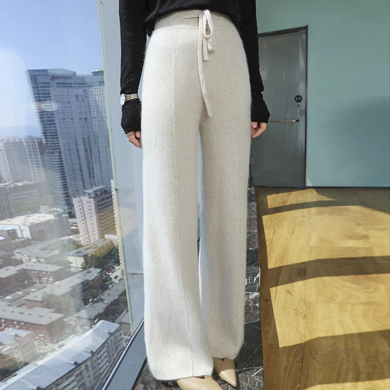 

100% Pure Mink Cashmere Wide-Leg Pants Women's Elastic Waist Knitted Trousers Fashion Thick Loose Straight Pants Joker Leggings