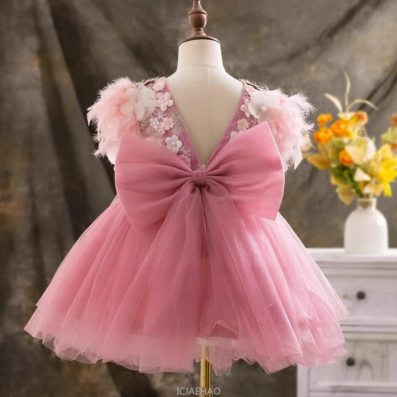 Girls Floral Flower Formal Wedding Dress Feather Lolita Puffy Tulle Princess Gown Party Outfits Matching Birthday Performance