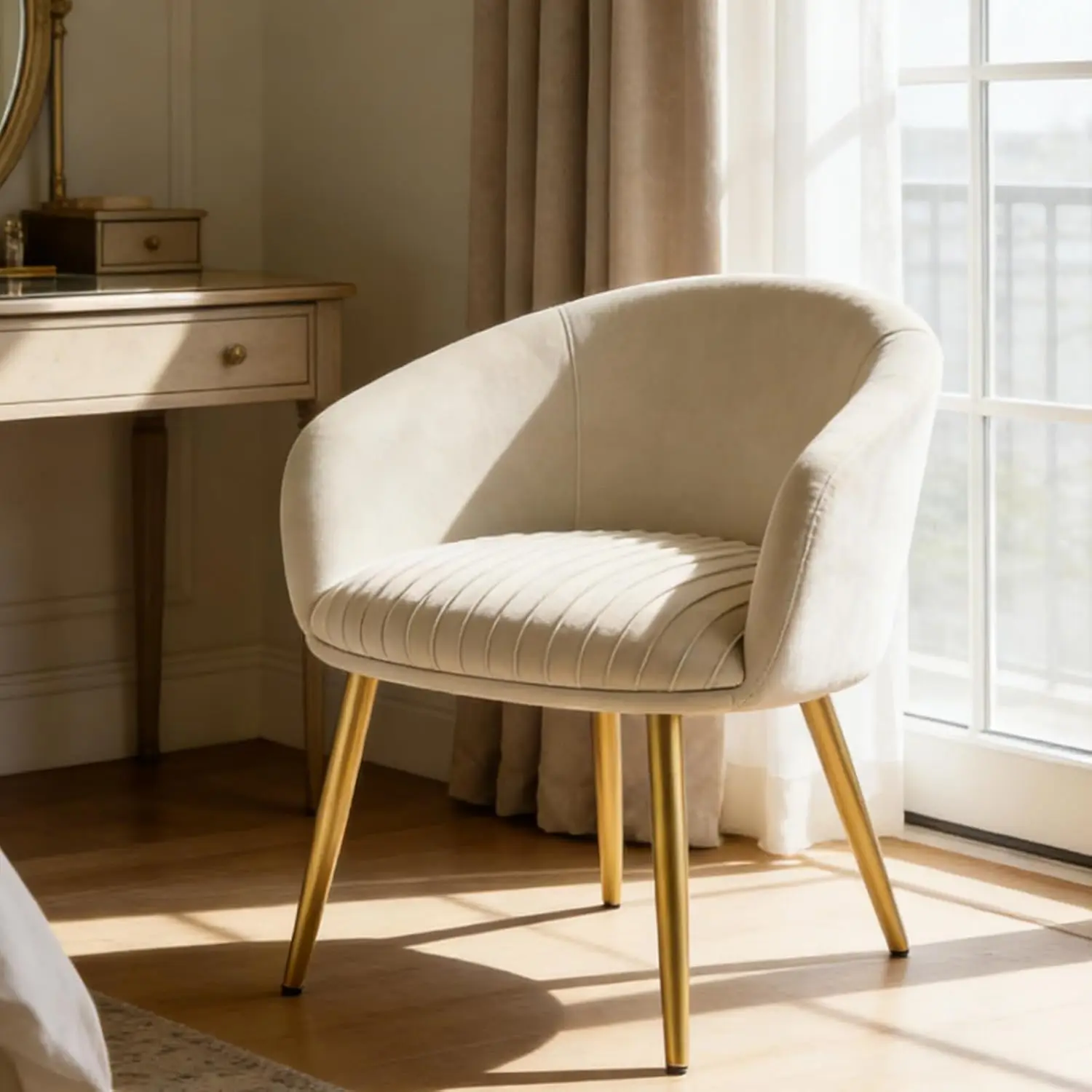 Accent Velvet Makeup Vanity Chair, Boucle Modern Tufted Girls Desk Chair No Wheels with Gold Metal Legs, 20