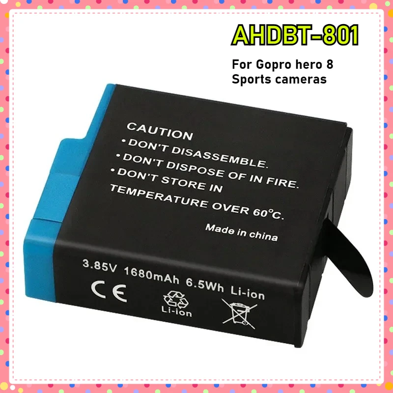 Paquet de 2 batteries AHDBT-801 pour GoPro Hero 8 7 6 5, batterie rechargeable Li-ion 1680 mAh avec protection sûre, batterie d'enregistrement longue
