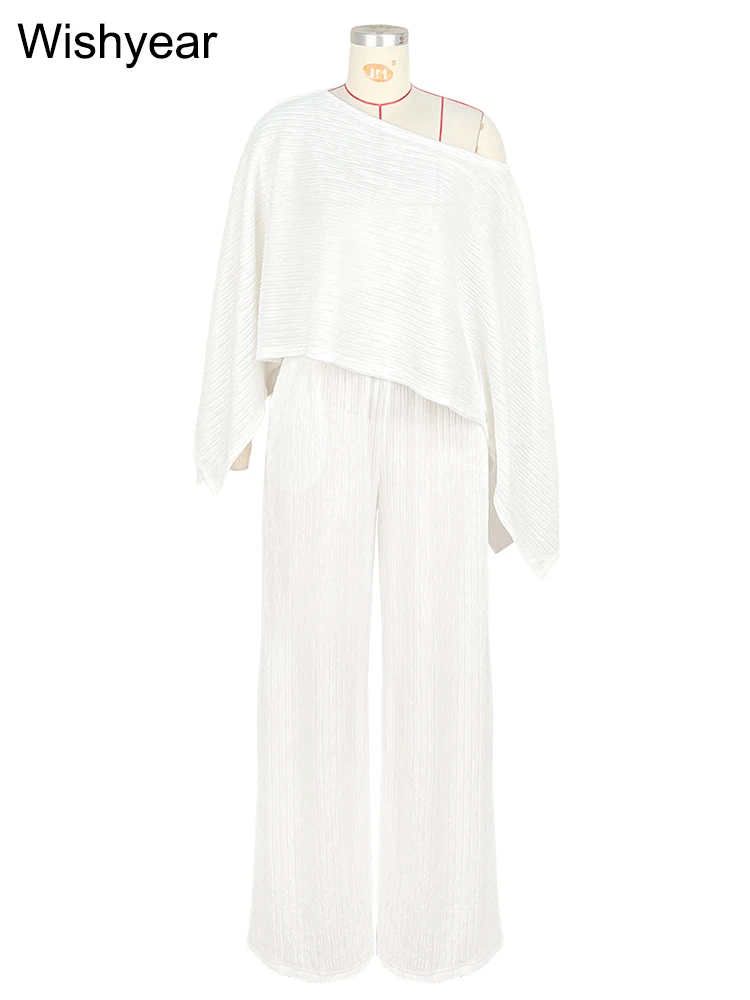 أزياء Ruched المرقعة قطري Batwing كم المحاصيل الأعلى والسراويل واسعة الساق 2 قطعة مجموعة امرأة عطلة عادية الزي الشارع الشهير #5