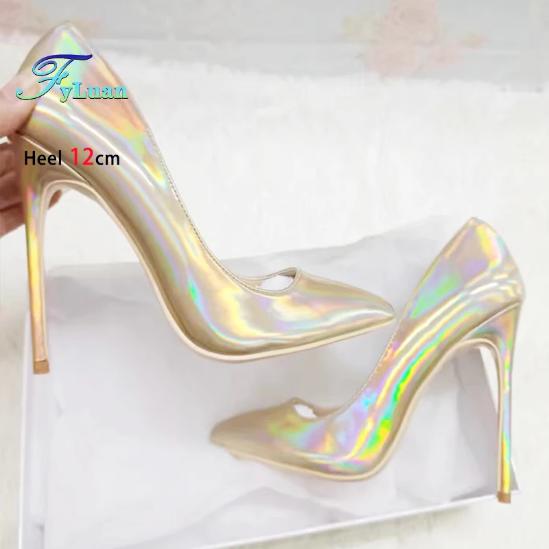 Pink 10CM 12CM High Heels Women Laser Holographic Party Dress Shoes Magical Colour Fashion Pointed Elegant Ladies Pumps Size 45