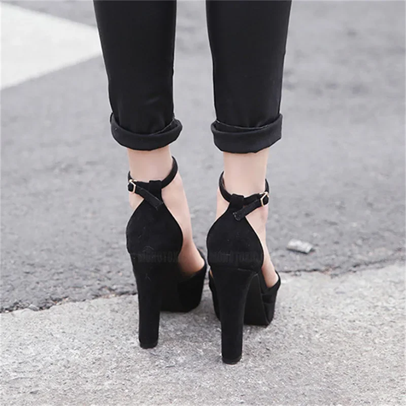 2023 Women 11cm High Heels 3cm Platform Black Khaki Sandals Lady Fetish Party Chunky Block Heel Suede Sandles Office Pumps Shoes