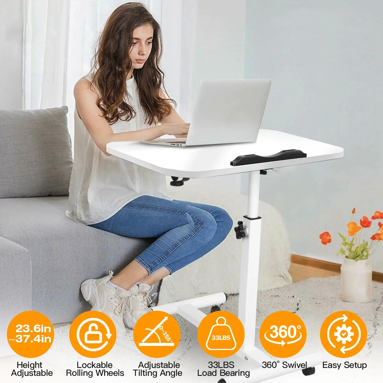 

Mobile Standing Desk, Height Adjustable Rolling Laptop Table, 90 Tiltable Overbed Bedside Table, Portable Computer Cart with Whe