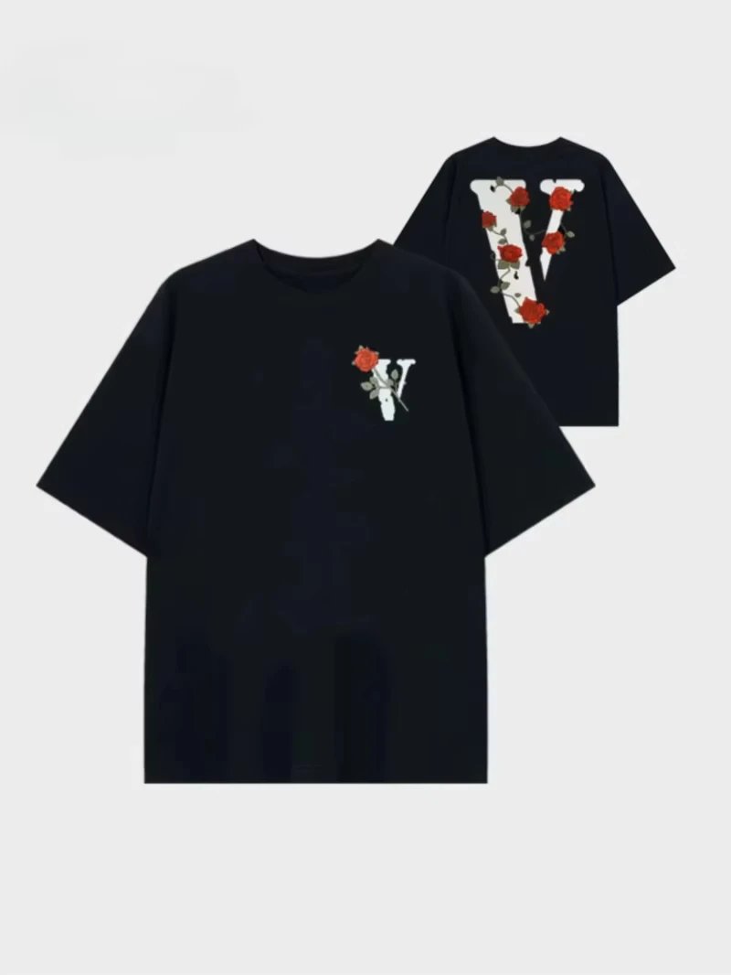 VLONE Classic Brand Short Sleeve 2025New Summer Rose Printing Casual Crew Neck American T-Shirt Couple Top