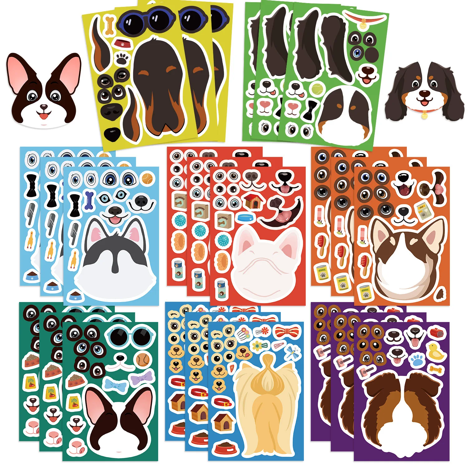 8/16 Blatt Niedliche Hunde Gesichter Zusammensetzen Puzzle-Aufkleber Lustige Hunde Cartoon-Sticker DIY Gepäck Handy Gitarre Scrapbook Wasserfeste Aufkleber