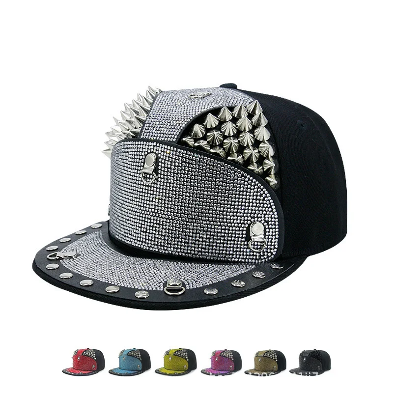 Men Women Cool Metal Rivet Armor Diamond Inlay SunShade Baseball Cap Sport Sunscreen Hip Hop Punk Street Dance Flat Hat A63