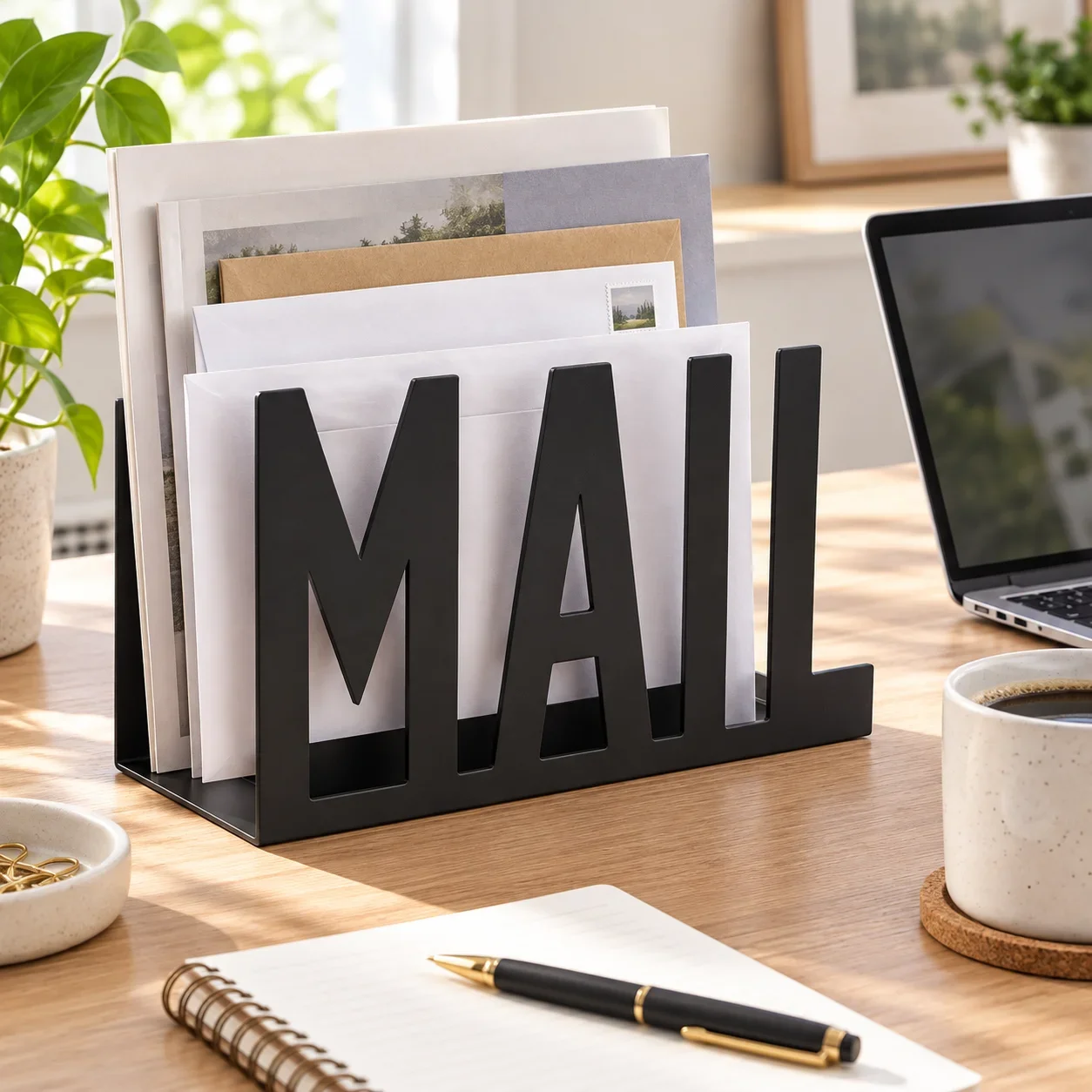 Black Metal Mail Organizer for Desk,Freestanding Letter Holder and Envelope Sorter,Iron Desktop File Storage Rack for Bills,Documents,Folders,Stamps and Paperwork,Compact Paper Organizer with Cutout MAIL Lettering Design for Home Office,School,Countertop