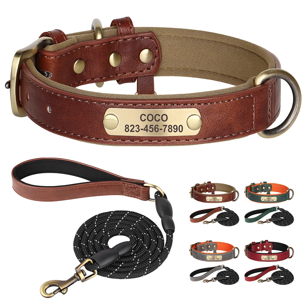 Personalized Dog Collar Leash Set Leather ID Dogs Collars Soft Adjustable Collar Reflective Lead for Small Medium Large Dogs