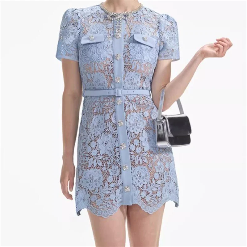 

Elegant and beautiful women's dresses 2024 Summer New Flower Embroidered Short Sleeves Mini dress Bow decoration Short dresses