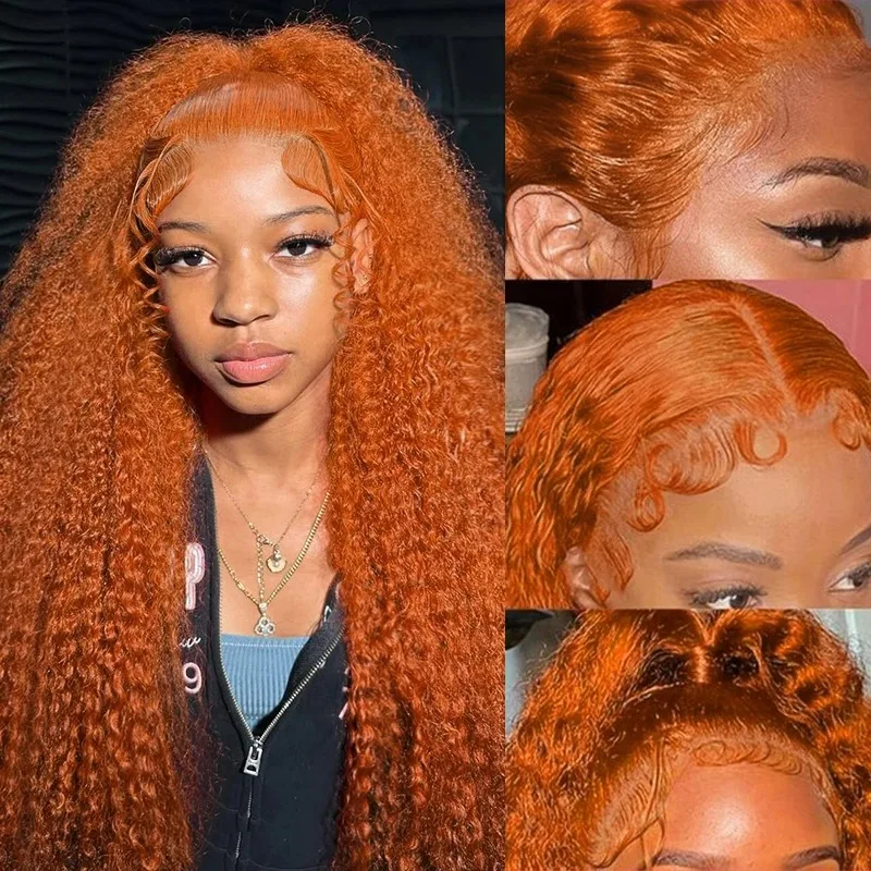 34inch Orange Ginger Water Wave Lace Front Wigs 13x4 13x6 #350 Colored Wigs Brazilian Human Hair Deep Curly Wigs 260Density image 3
