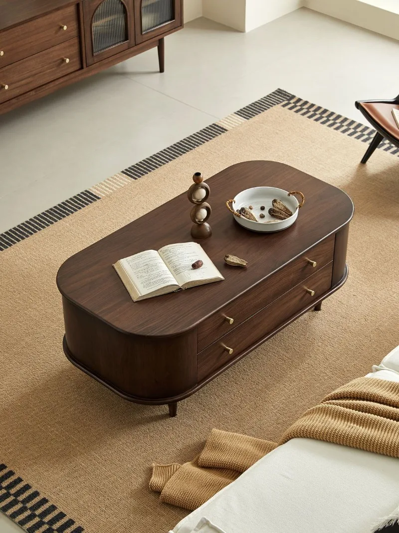 All solid wood coffee table American light luxury oval small apartment simple living room drawer storage tea table TV cabinet