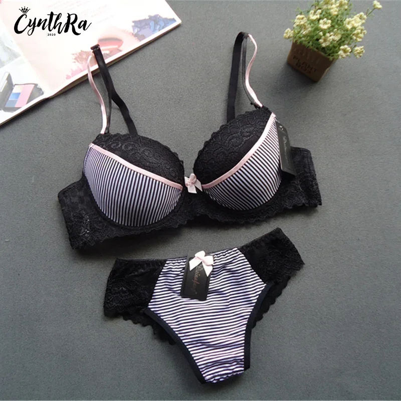 Lingerie Sets Sexy Lace Large Size Adjustable Shoulder Strap Women\'s Bra Striped Breathable Plus Underwear Bra Panty Set